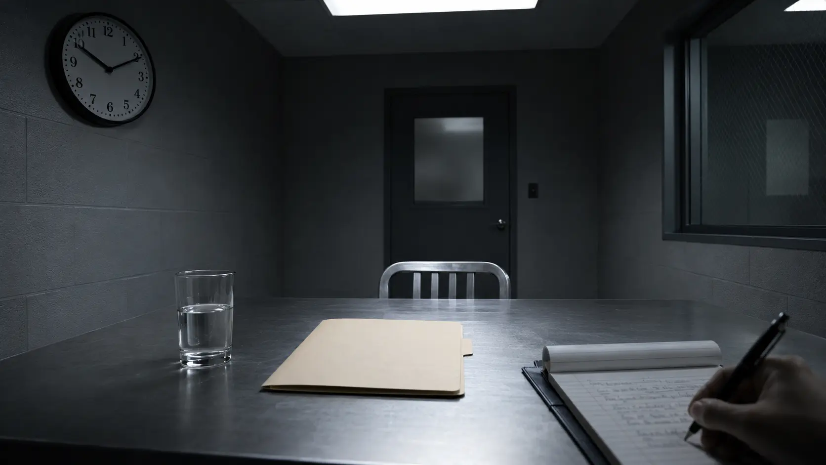 어두운 경찰 조사실 안에서 수사관과 마주 앉아 고소인 조사를 받으며 진술을 준비하는 긴장된 분위기의 모습