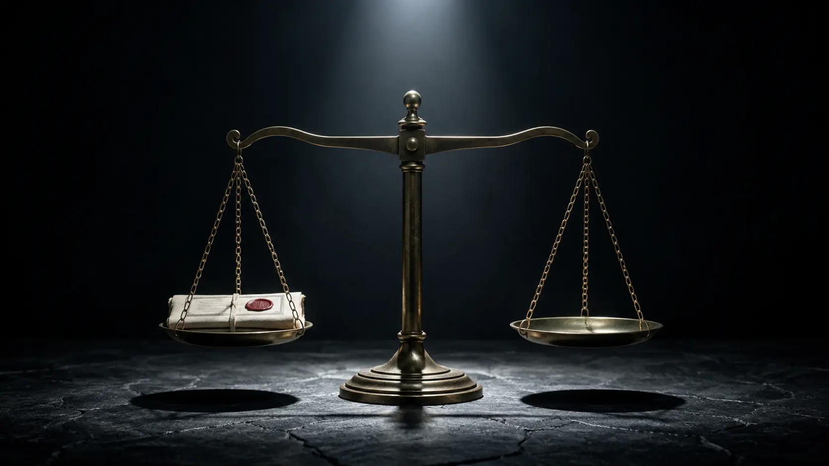 어두운 배경 속 정의의 여신상을 상징하는 법률 천칭 저울 이미지