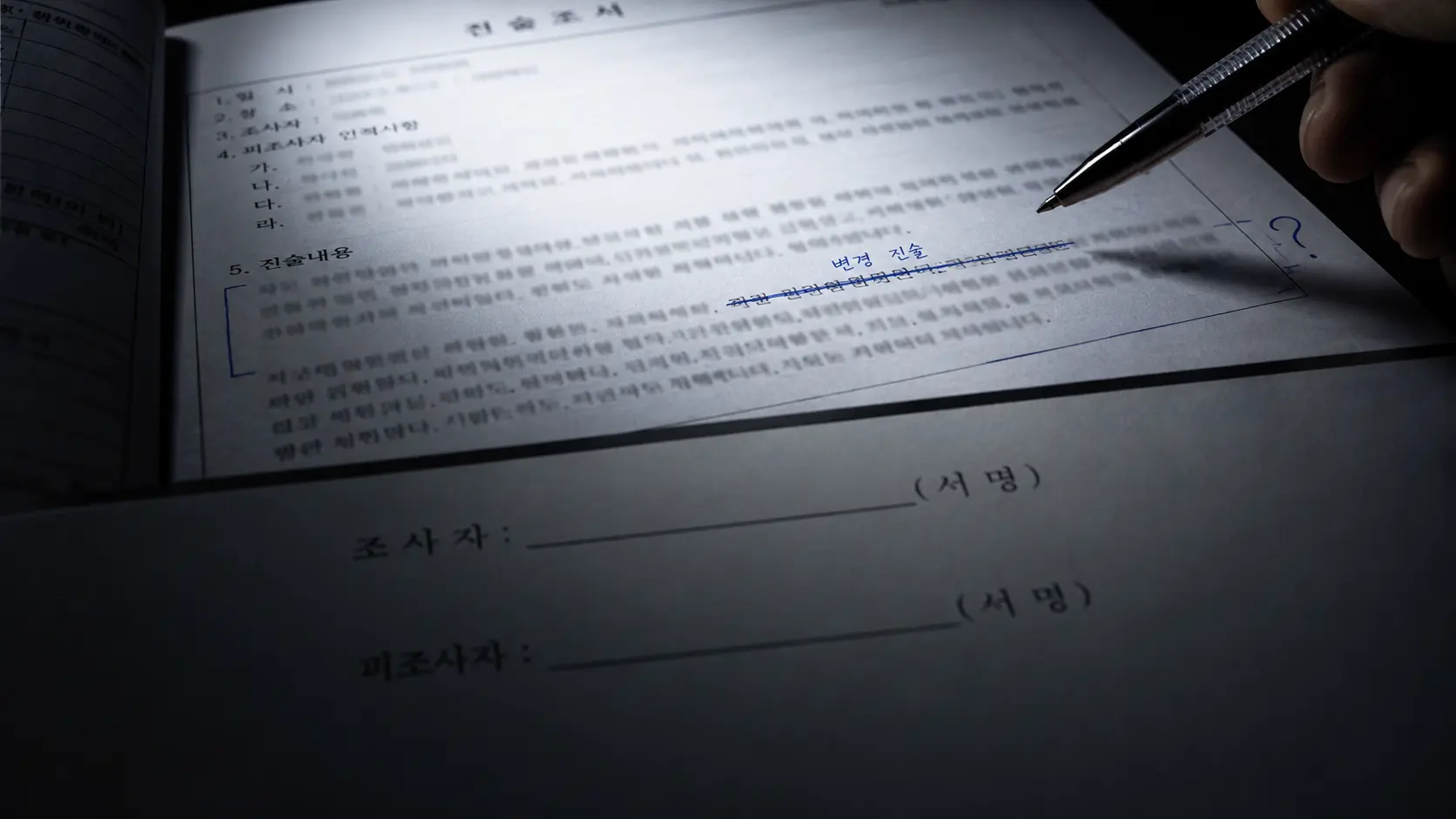 어두운 조사실 책상 위에서 피의자가 신문조서 서류를 열람하며 서명 또는 지장을 찍기 직전의 긴장된 순간을 연출한 모습