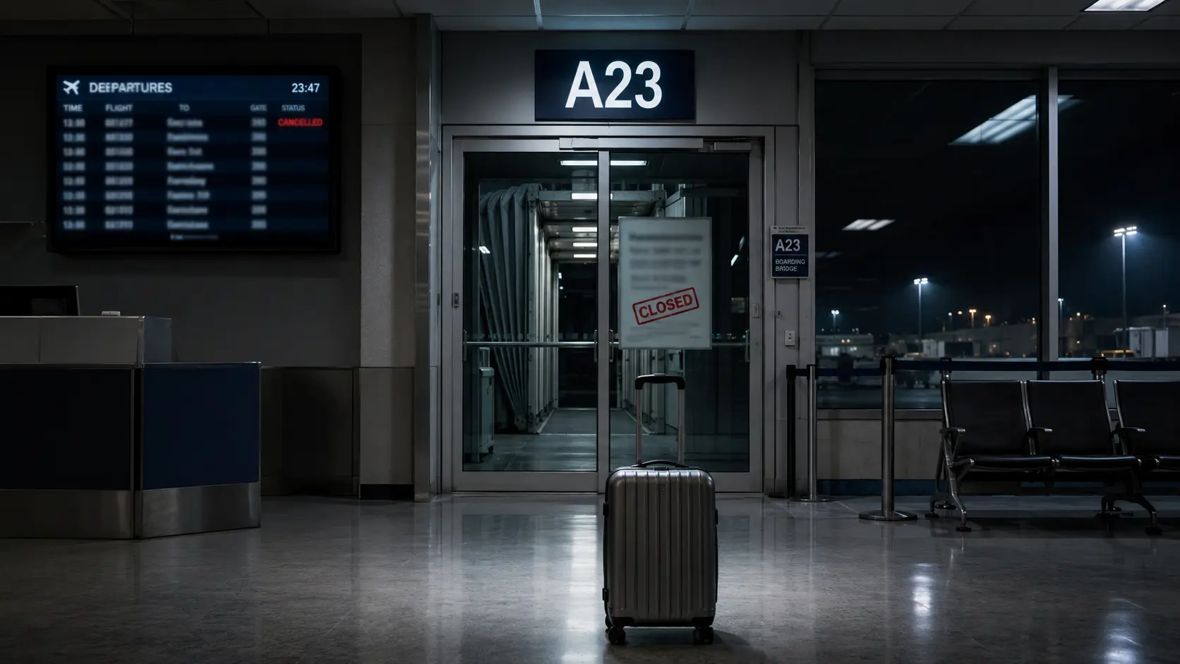 닫힌 게이트(공항 출국금지), 혼자 서있는 캐리어(당사자의 부재·충격), 빨간 출발 보드(시간 압박)