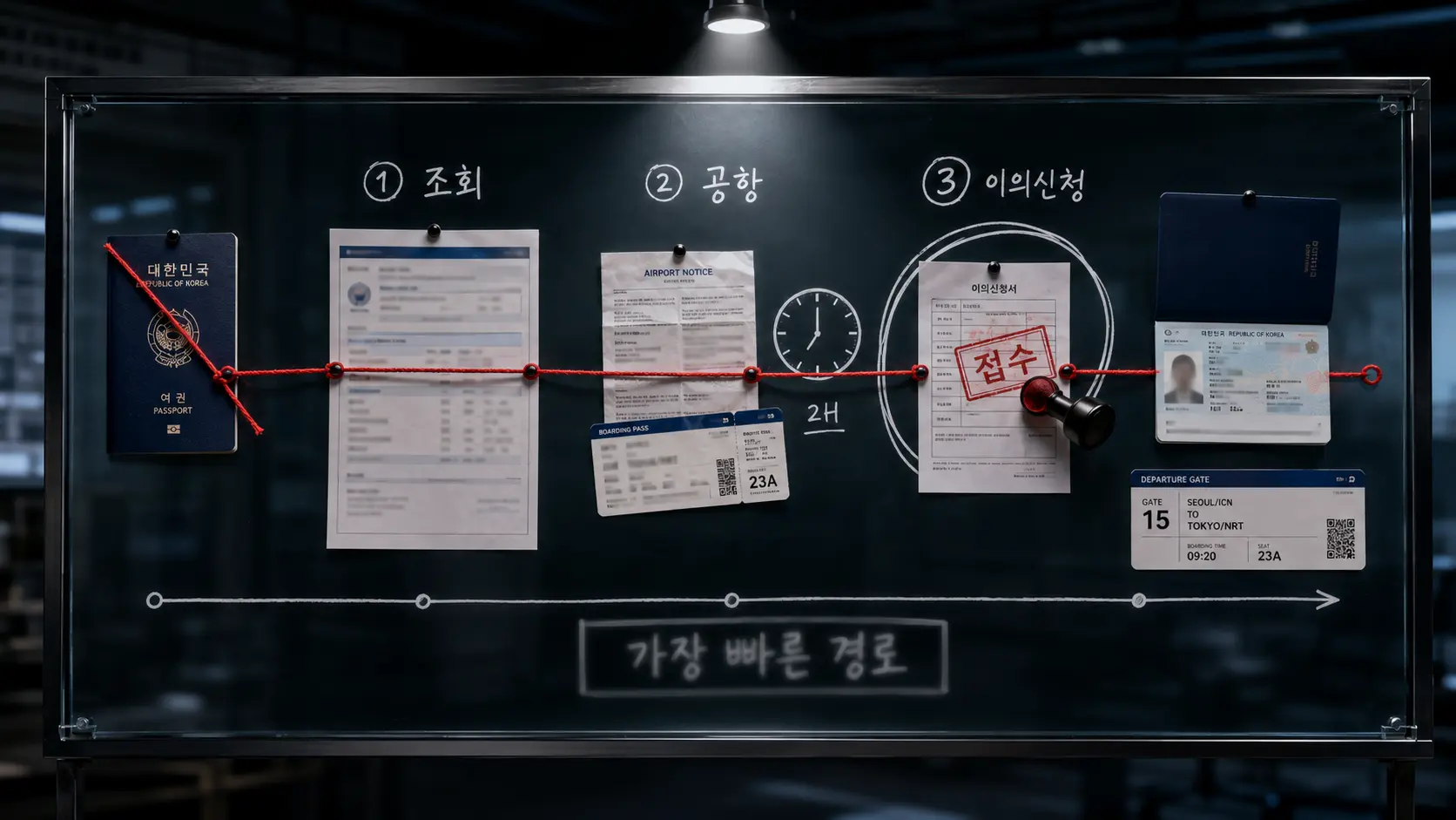 출국금지 조회부터 이의신청까지 한눈에 보이는 보드판 이미지.