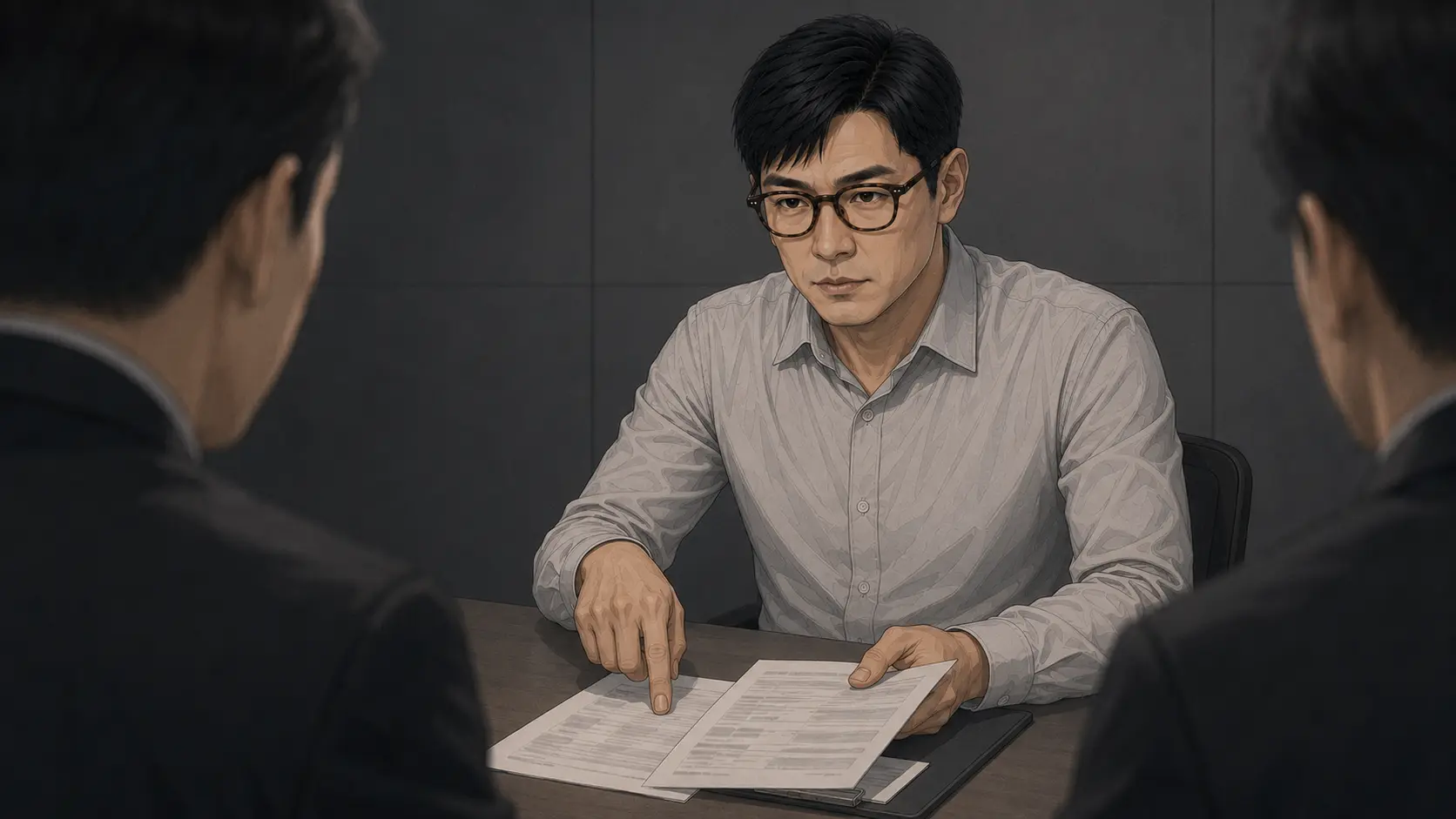 조사실에서 자신의 자료를 펼쳐 짚으며 설명하는 참고인 조사 대응 장면