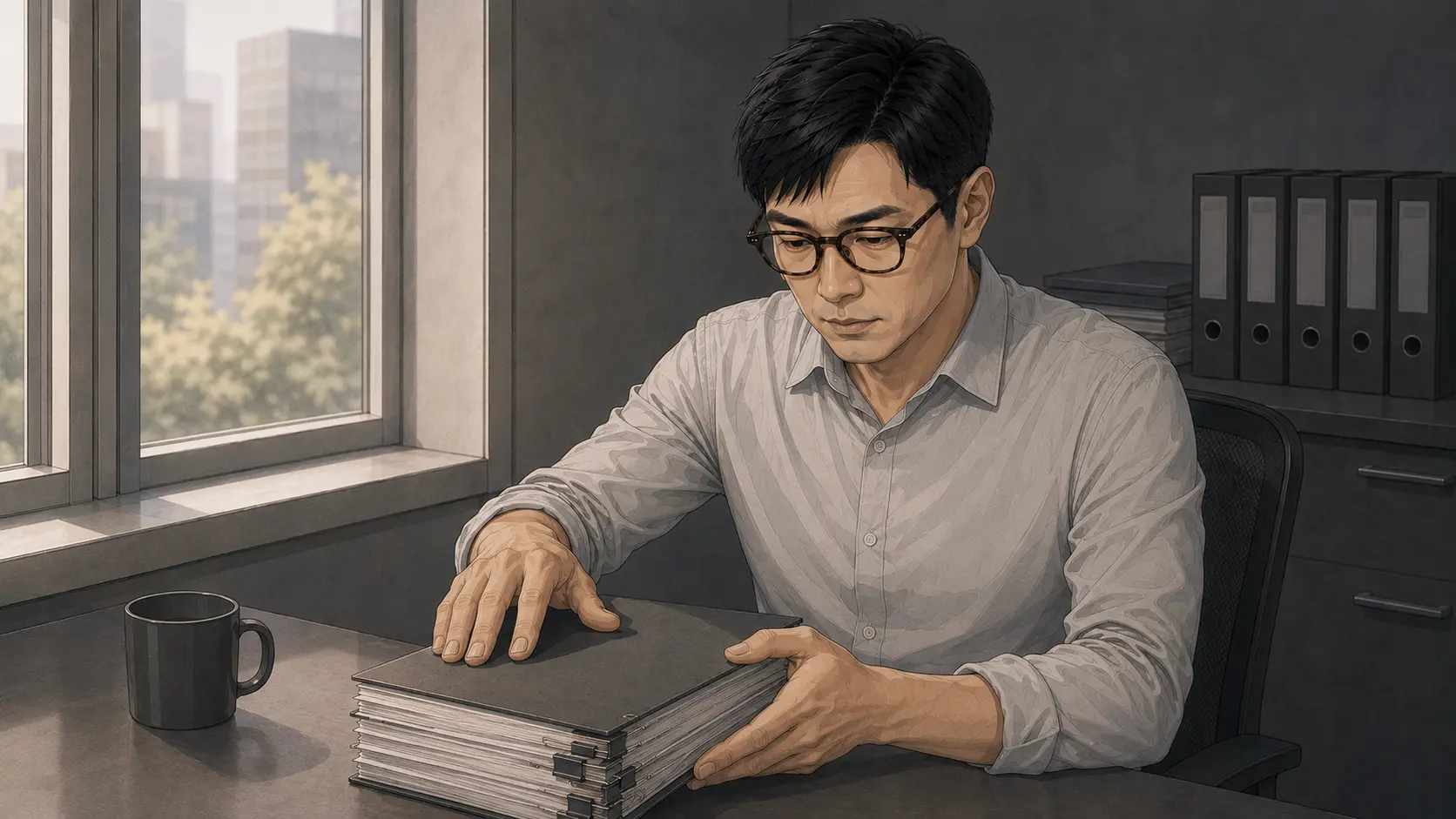 창가에서 정리된 기록 뭉치를 덮는 남성