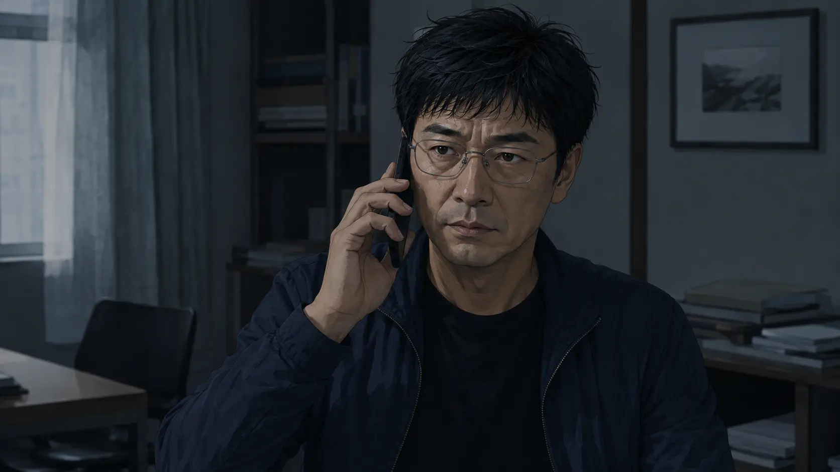모르는 번호로 걸려온 전화를 받고 굳은 표정의 40대 남성
