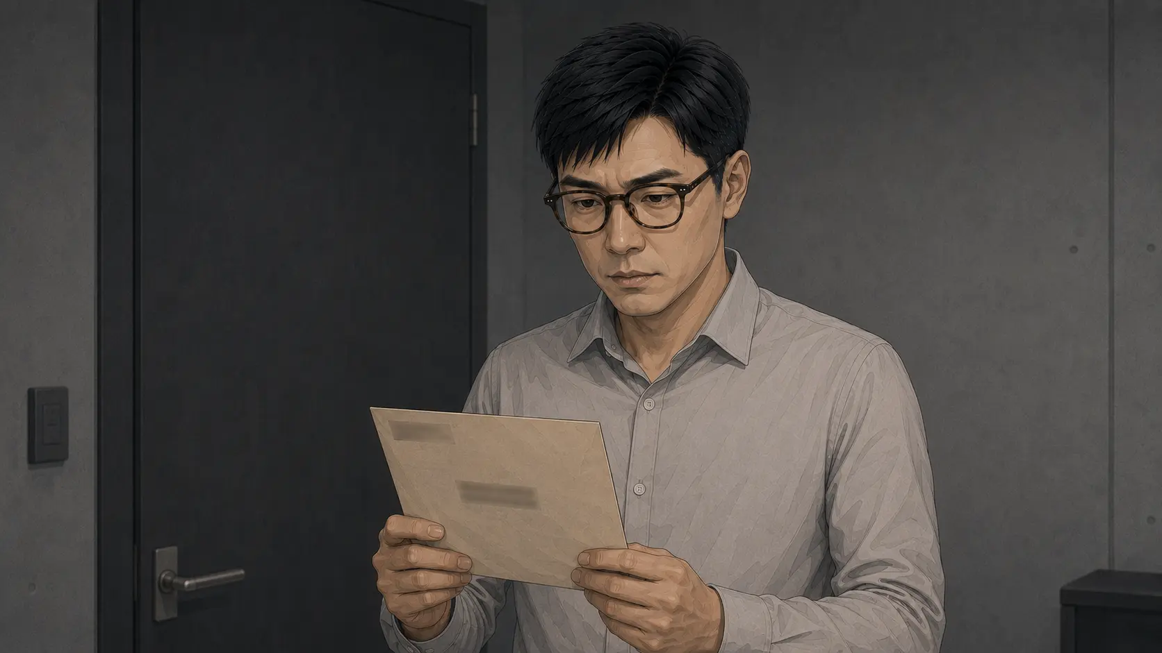 출석요구서가 든 봉투를 손에 들고 내려다보는 30대 후반 남성