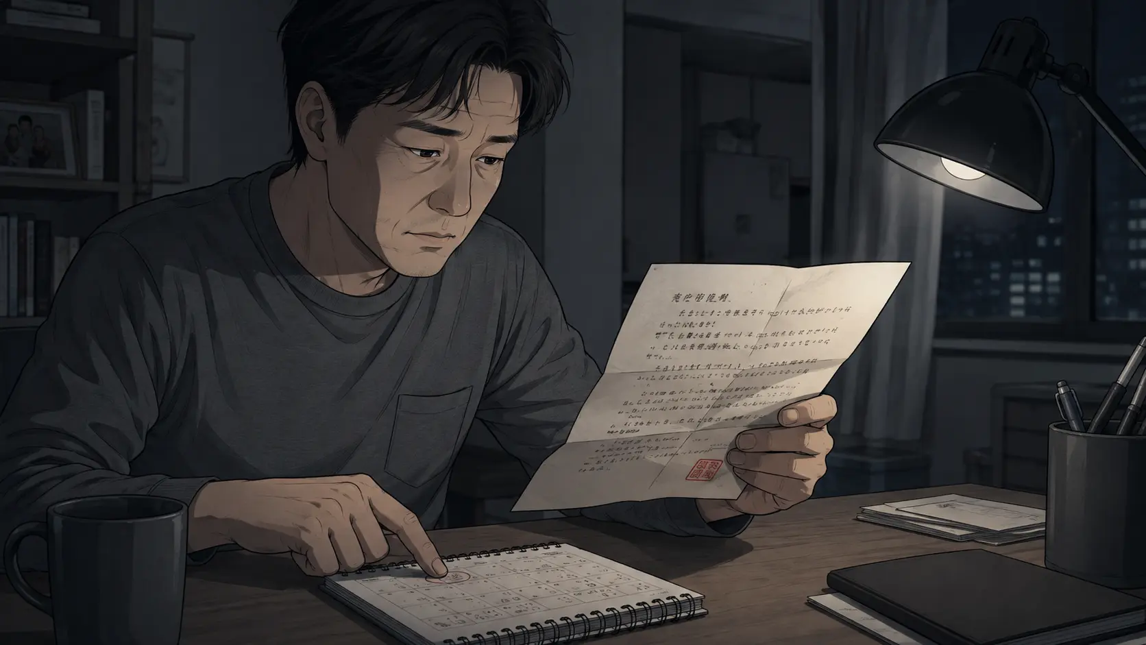 통신사실확인자료 제공 통지서와 달력을 나란히 놓고 날짜 간격을 대조하는 한국 성인 남성.